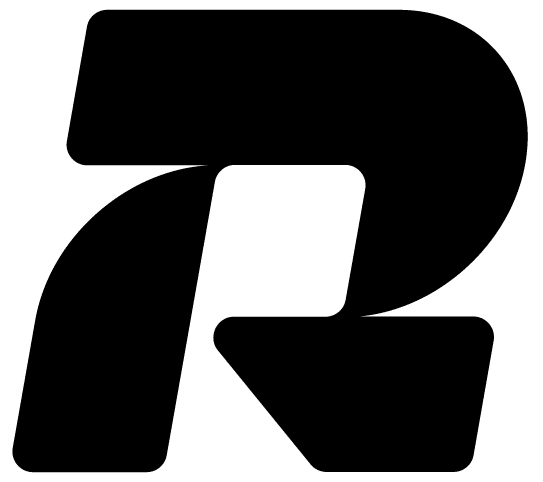 Bold black stylized R logo on a transparent background.